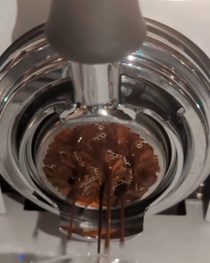 Espresso pouring from a bottomless portafilter into a glass